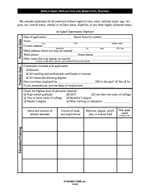 Employment Application for Substitute Teacher