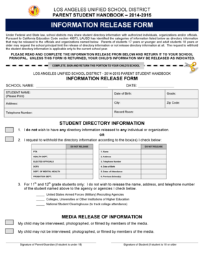 Los Angeles Unified School District Information Release Form