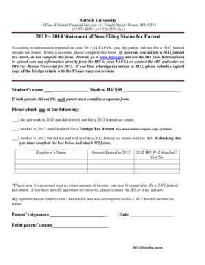 2013-2014 Statement of Non-Filing Status for Parent