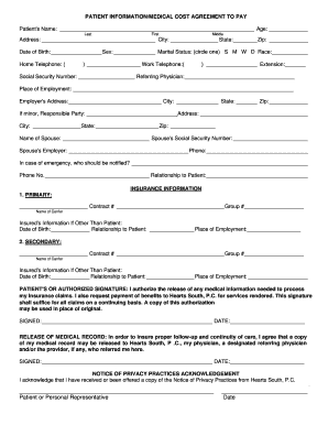 Patient Medical Cost Agreement to Pay
