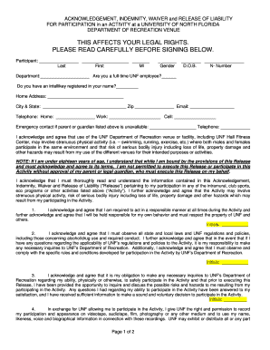 University of North Florida Activity Waiver and Release