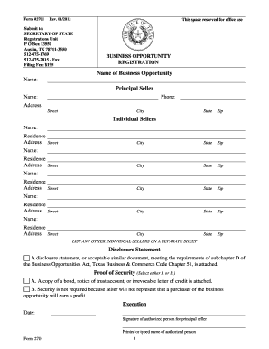 Texas Business Opportunity Registration Form 2701