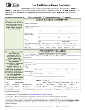 Idaho Food Establishment License Application