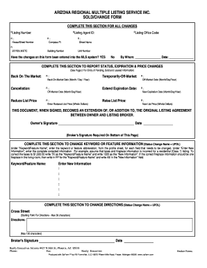 Arizona Regional Multiple Listing Service Sold/Change Form