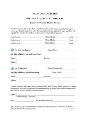 Plain Local School Records Request/Withdrawal Form