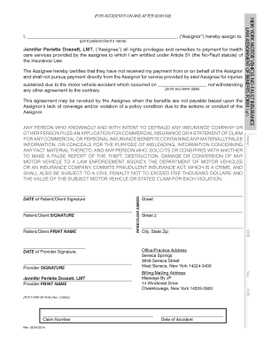 New York Motor Vehicle No-Fault Insurance Assignment of Benefits Form