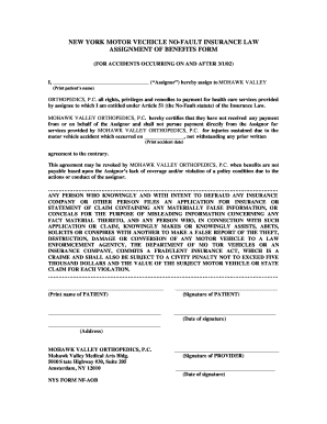 New York Motor Vehicle No-Fault Insurance Assignment of Benefits Form