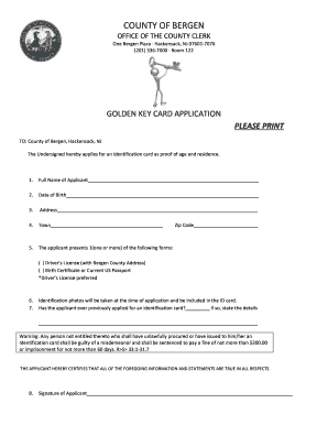 Bergen County Golden Key Card Application