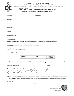 Duke of Edinburgh's Award Bronze Enrollment Form