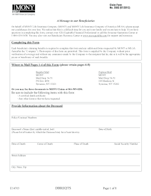MONY Life Insurance Beneficiary Claim Form