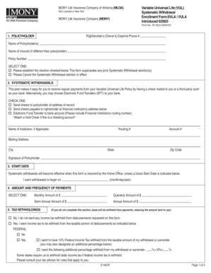 MONY Life Insurance Systematic Withdrawal Form
