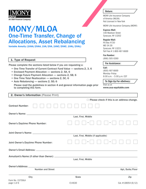 MONY Life Insurance Company Variable Annuity Transfer Form