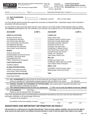 MONY Life Insurance Surrender/Loan Form