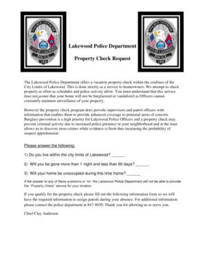 Lakewood Police Department Vacation Property Check Request
