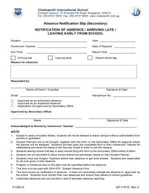 Chatsworth School Absence Notification Slip