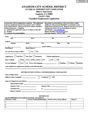 Anaheim City School District Classified Employment Application