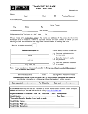 Ivy Tech Transcript Release Form