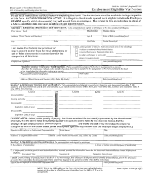 US Employment Eligibility Verification Form I-9
