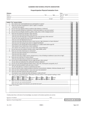 Alabama High School Athletic Association Preparticipation Physical Evaluation Form