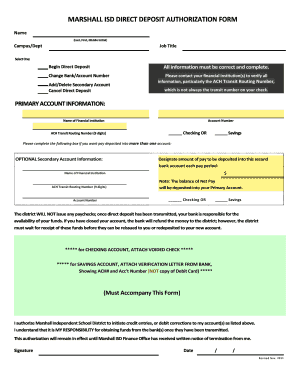 Marshall ISD Direct Deposit Authorization Form