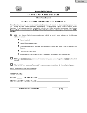 Owosso Public Schools Image and Name Release Form