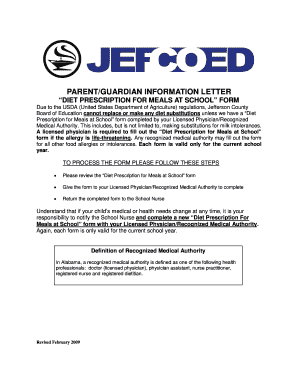 Diet Prescription for Meals at School Form