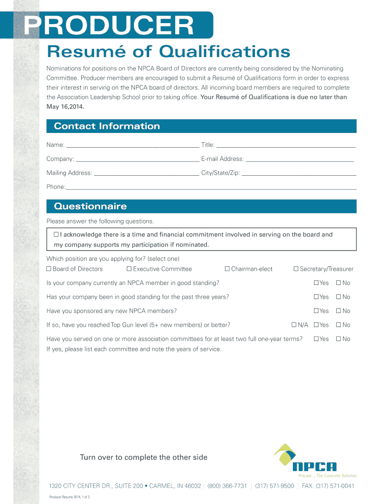 Producer Member Resume of Qualifications (Interactive PDF) - precast Preview on Page 1.