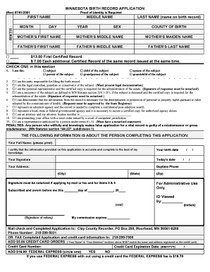 Minnesota Birth Record Application