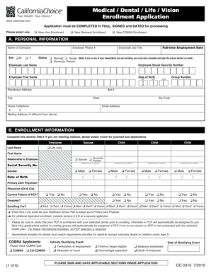 California Medical/Dental/Life/Vision Enrollment Application