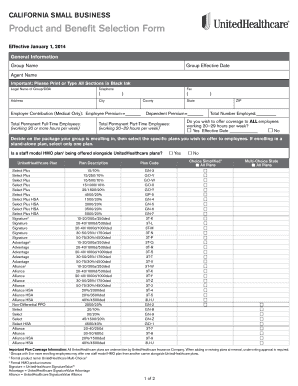 California Small Business Product and Benefit Selection Form