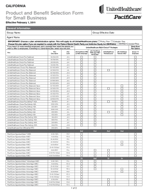 California Product and Benefit Selection Form for Small Business