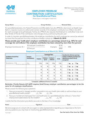 Employer Premium Contribution Certification for Grandfathered Plans