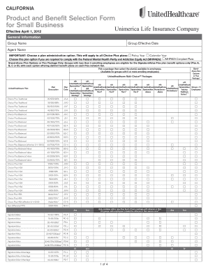 California Product and Benefit Selection Form for Small Business