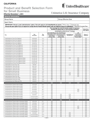 California Product and Benefit Selection Form for Small Business