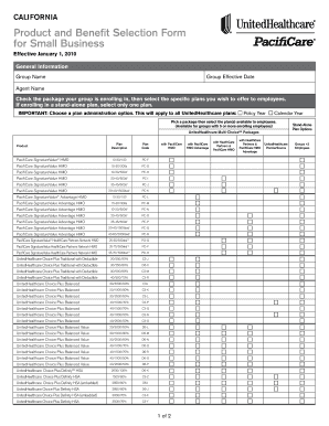 California Product and Benefit Selection Form for Small Business