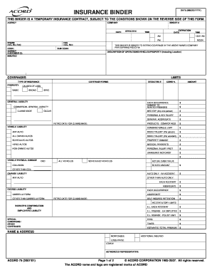 Insurance Binder Form