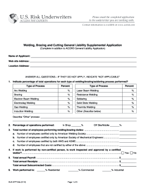 Welding Brazing Cutting General Liability Supplemental Application