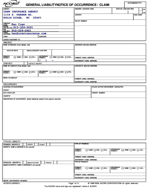 General Liability Notice of Occurrence Claim Form