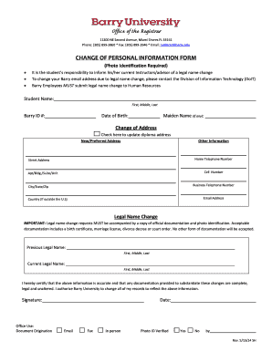 Barry University Change of Personal Information Form