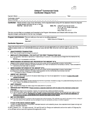 Citibank Commercial Cards Cardholder Dispute Form
