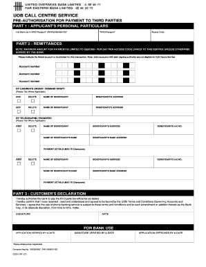 UOB Call Centre Service Pre-Authorisation Form
