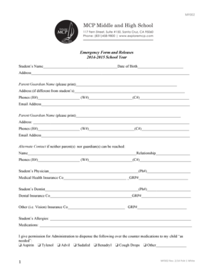 Emergency Form and Releases for School