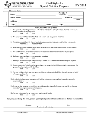 Civil Rights for Special Nutrition Programs Form