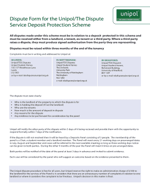 Unipol Dispute Form for Deposit Protection Scheme