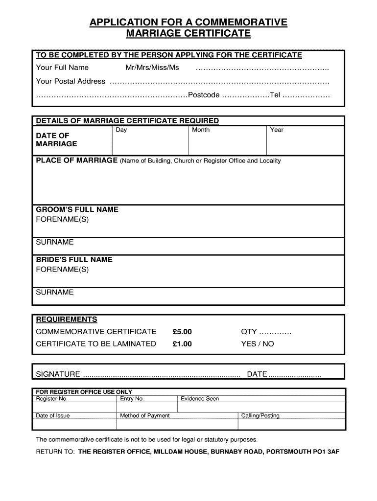Fillable Online portsmouth gov APPLICATION FOR A COMMEMORATIVE MARRIAGE Fillable Online portsmouth gov APPLICATION FOR A COMMEMORATIVE MARRIAGE