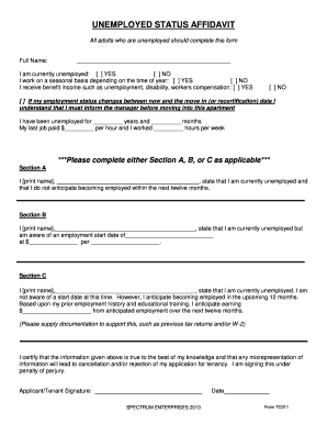 Unemployed Status Affidavit