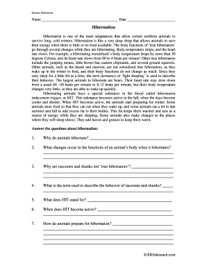 Science Hibernation Worksheet