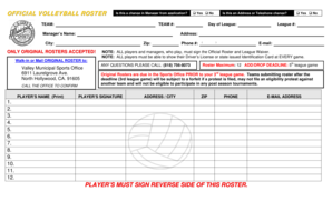 Volleyball Team Roster and Waiver Form