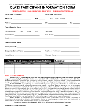 Los Angeles Recreation Center Class Participant Form