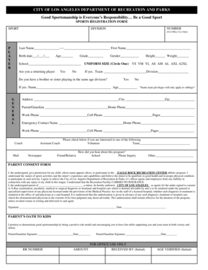 City of Los Angeles Sports Registration Form